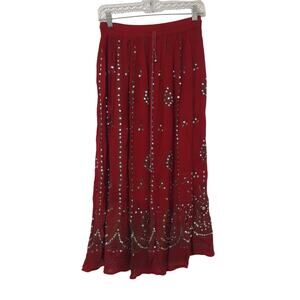 Women's Red Free Size Rayon Boho Maxi Skirt Sequins
